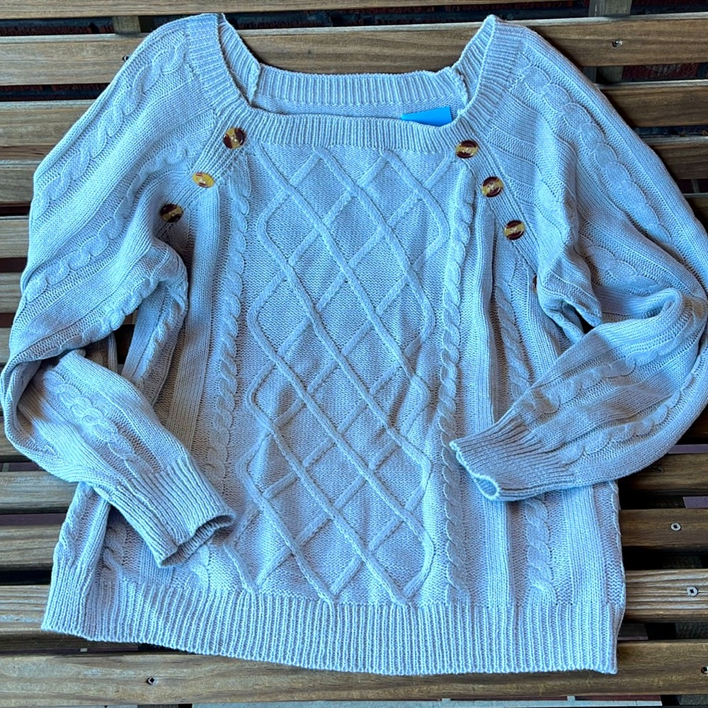 NWOT gray boatneck sweater with tortoise buttons size large